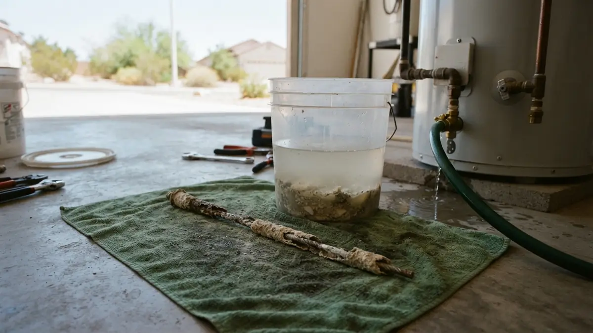 Flushed sediment and a worn-out anode rod beside a tank, showing what causes a water heater to leak