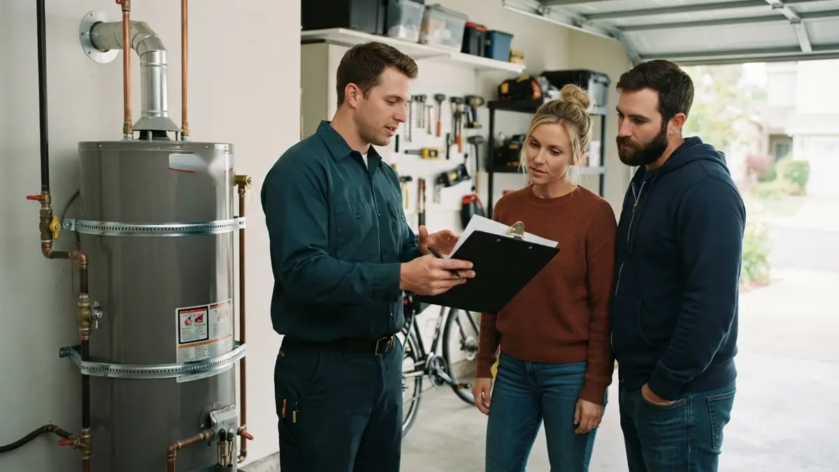 Plumber discussing a written quote beside a strapped garage water heater, explaining water heater leak repair cost