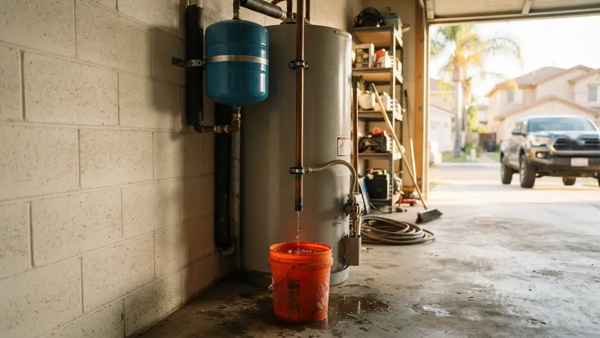 Relief valve line dripping into a bucket, a common reason to book water heater leak repair