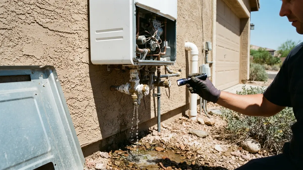 Water dripping beneath a wall-mounted tankless unit, a tankless water heater leaking