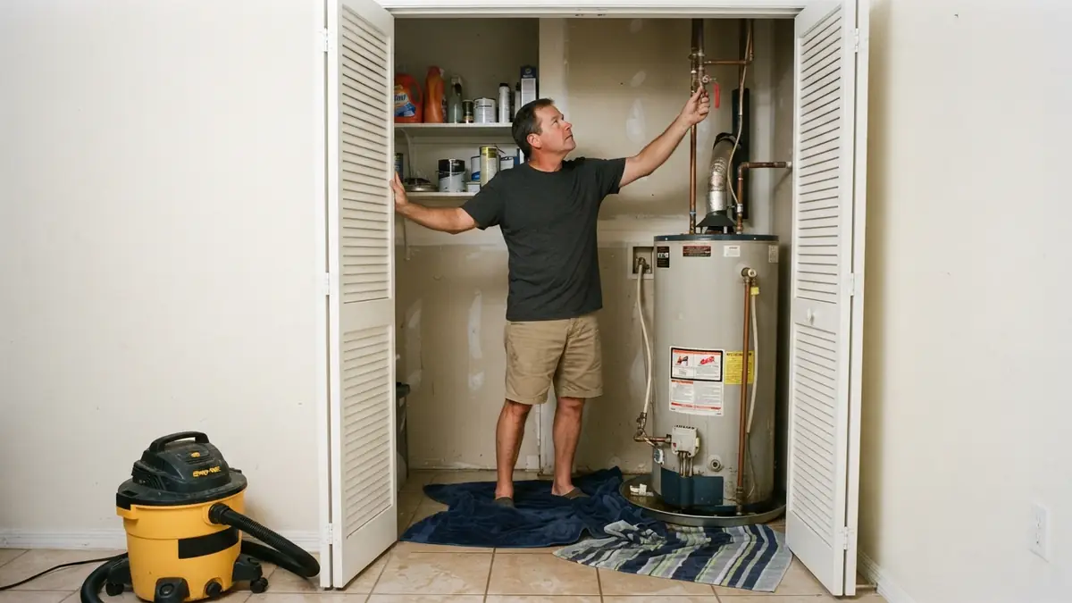 Homeowner closing the cold supply valve above a water heater, the first step in water heater leaking what to do