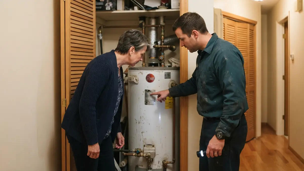 Plumber reading the heater's age off the rating plate with a homeowner before water heater leak repair in Altadena, CA