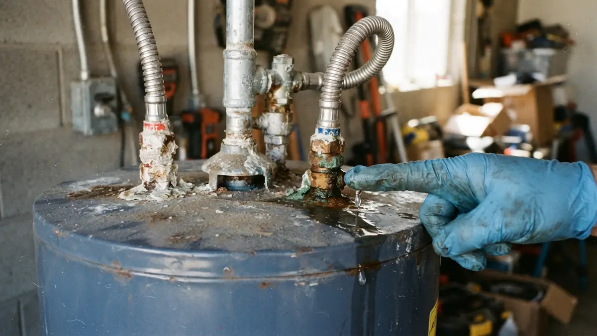 Scale-crusted connections on top of the tank, fixed during water heater leak repair in Commack, NY