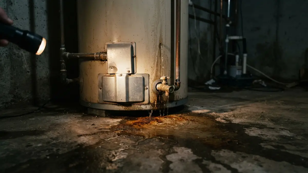 Water pooling at the base of the tank, traced to its source during water heater leak repair in Commack, NY