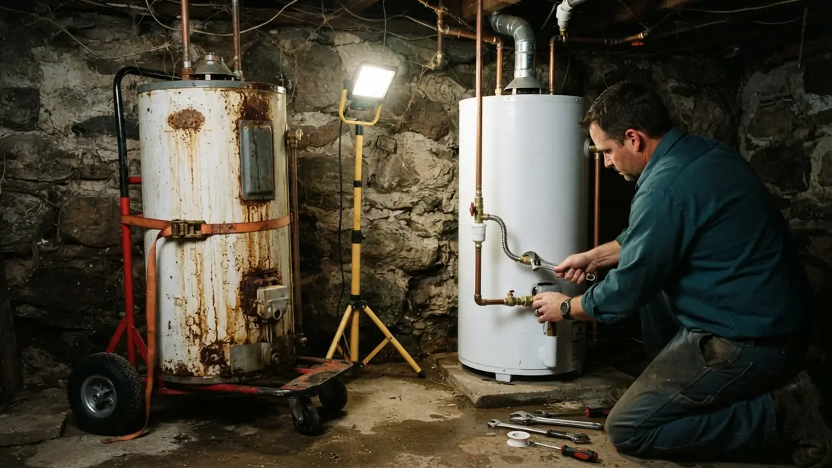 Old rusted tank beside its replacement, the outcome when water heater leak repair in Crofton, MD finds a failed tank
