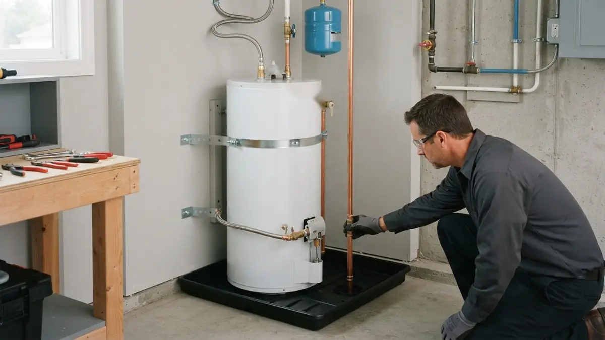 New tank with drain pan, expansion tank and straps, installed when water heater leak repair in El Cerrito, CA found a failed tank