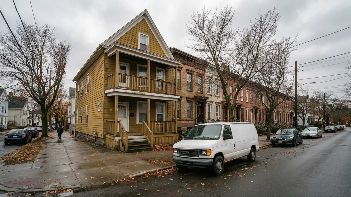 Two-family house with a service van outside, booked for water heater leak repair in Albany, NY