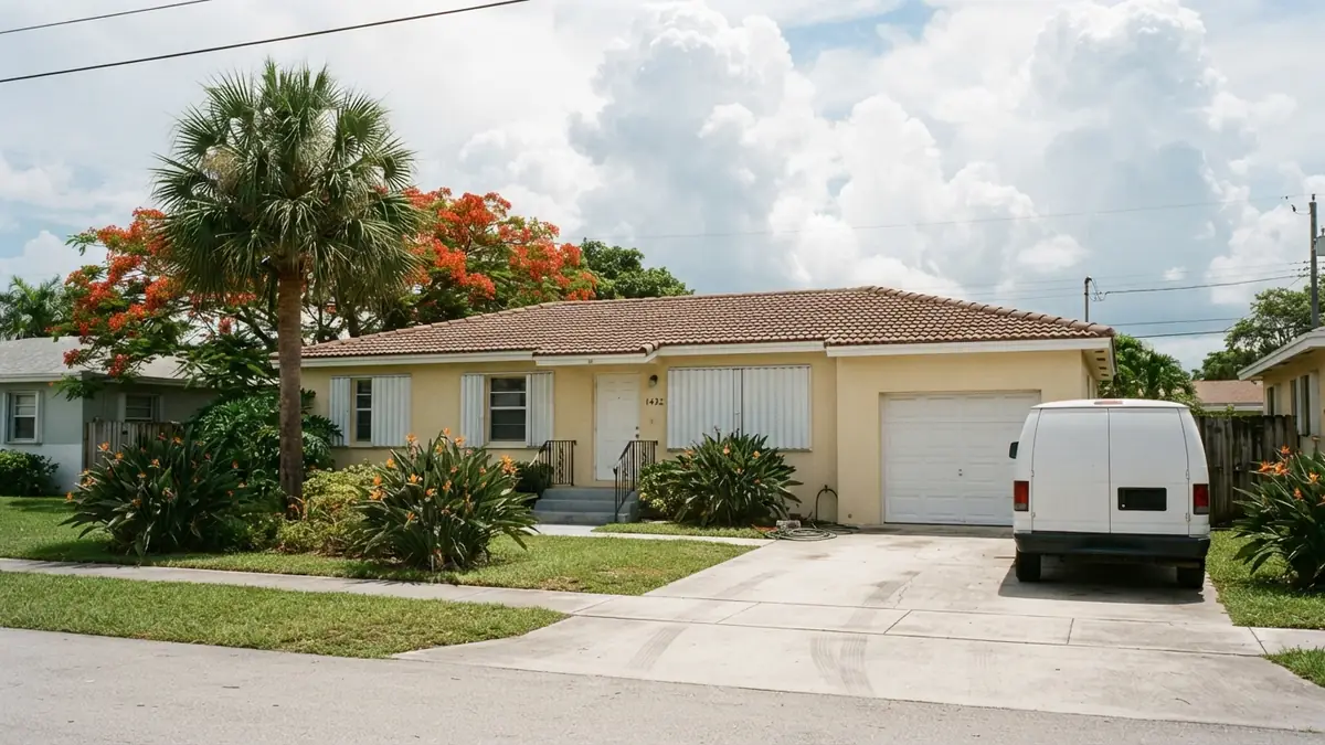 Concrete-block stucco home with a service van outside, booked for water heater leak repair in Bradenton, FL