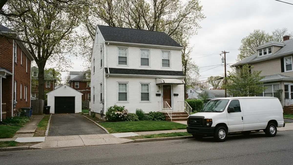Older new jersey colonial with a service van outside, booked for water heater leak repair in Carteret, NJ