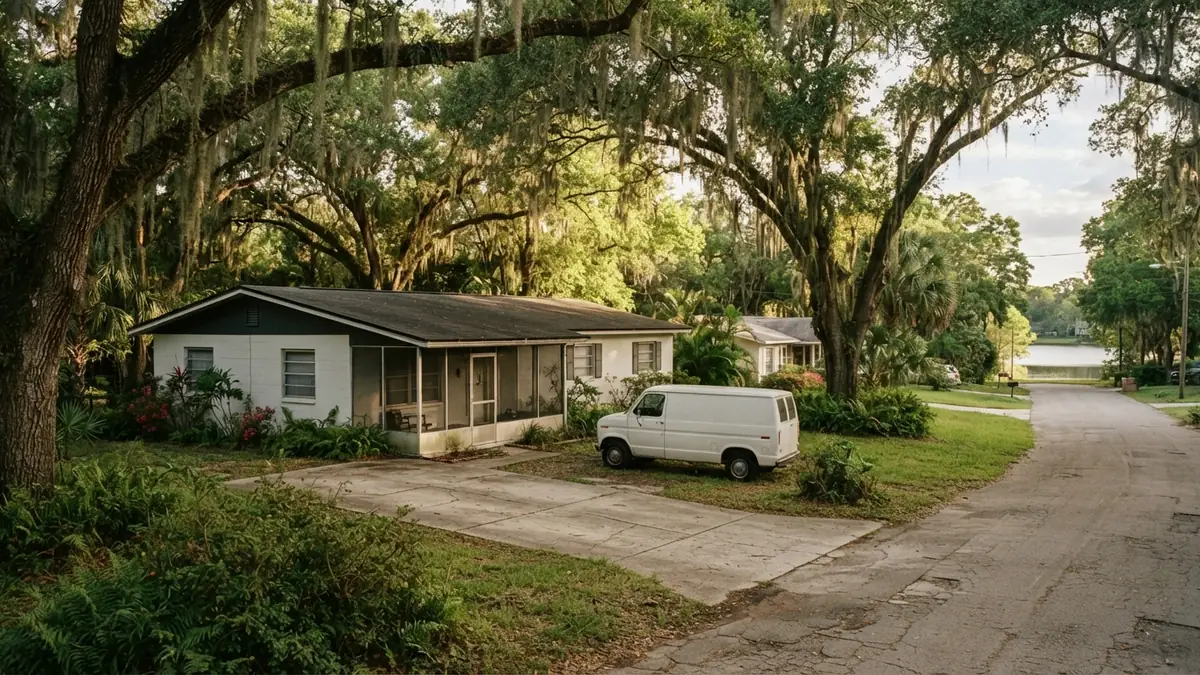 Block ranch home under live oaks with a service van outside, booked for water heater leak repair in Casselberry, FL