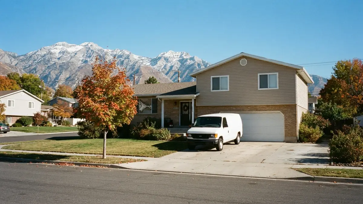 Brick split-level home with a service van outside, booked for water heater leak repair in Clearfield, UT
