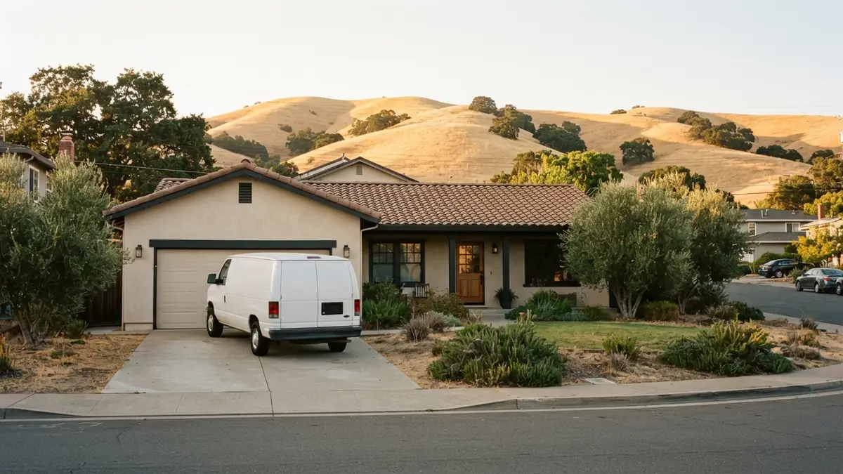 Stucco ranch home with a service van outside, booked for water heater leak repair in El Cerrito, CA
