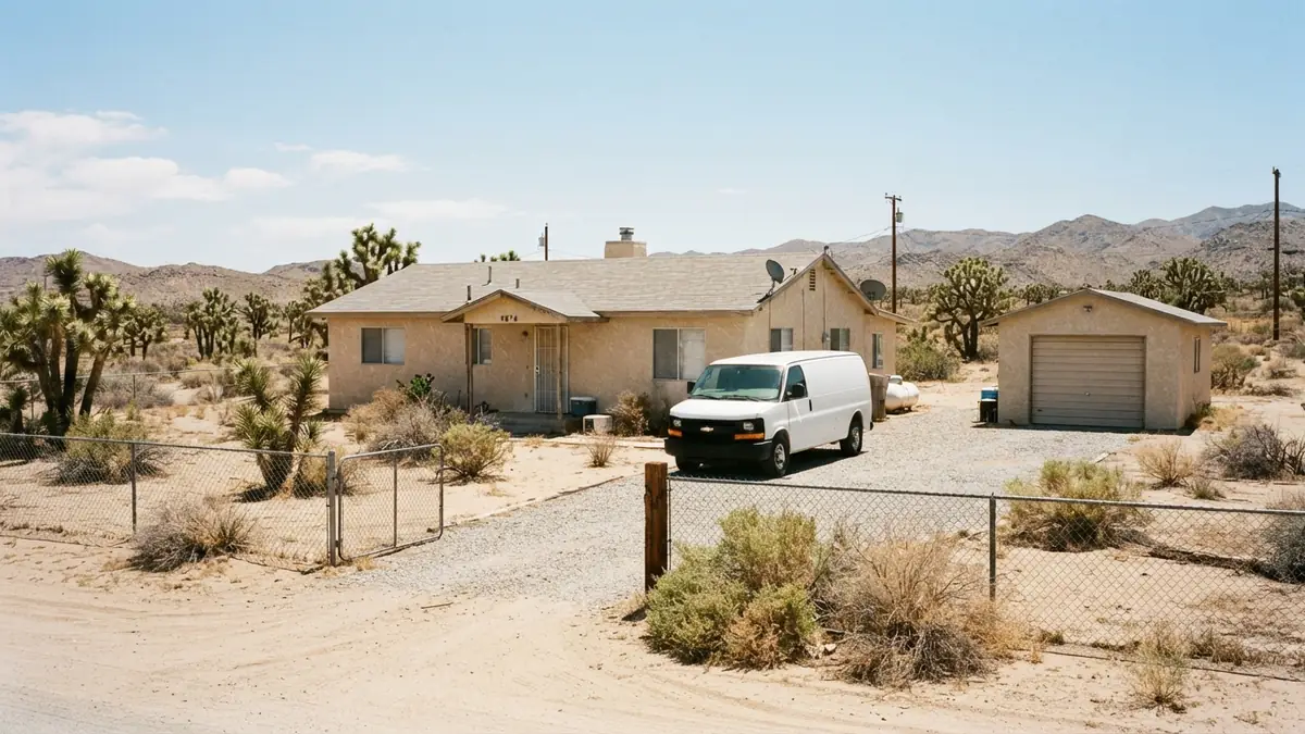 Ranch home on a desert lot with a service van outside, booked for water heater leak repair in Hesperia, CA