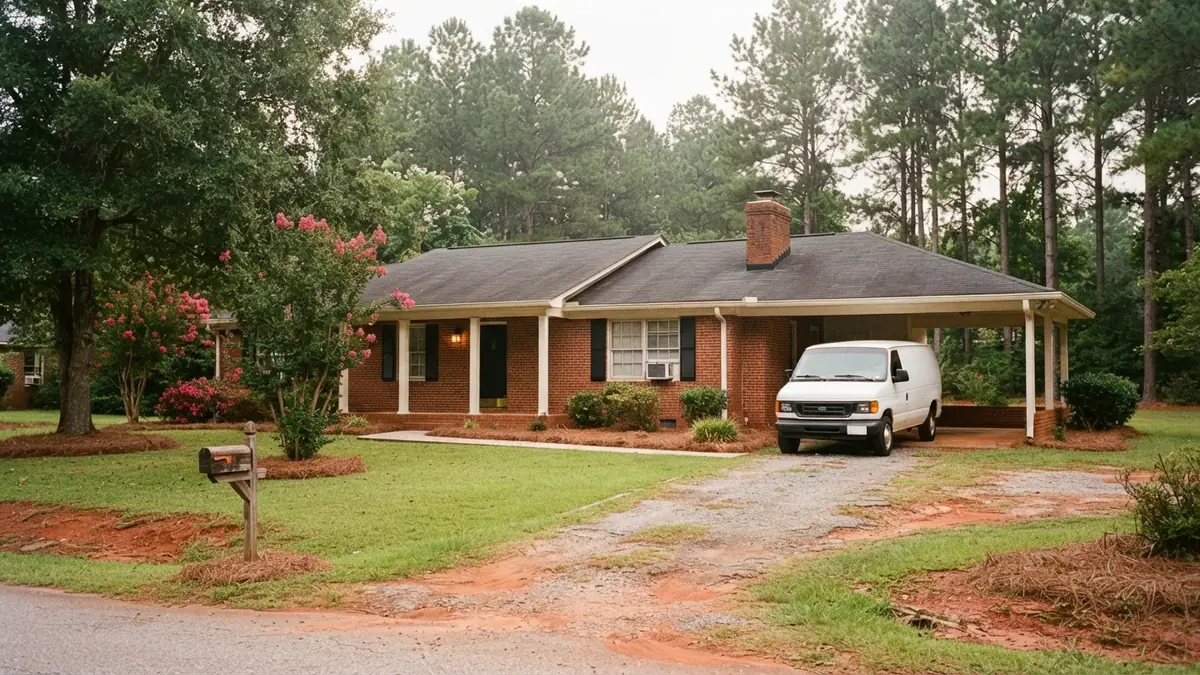 Brick ranch home with a service van outside, booked for water heater leak repair in Huntersville, NC