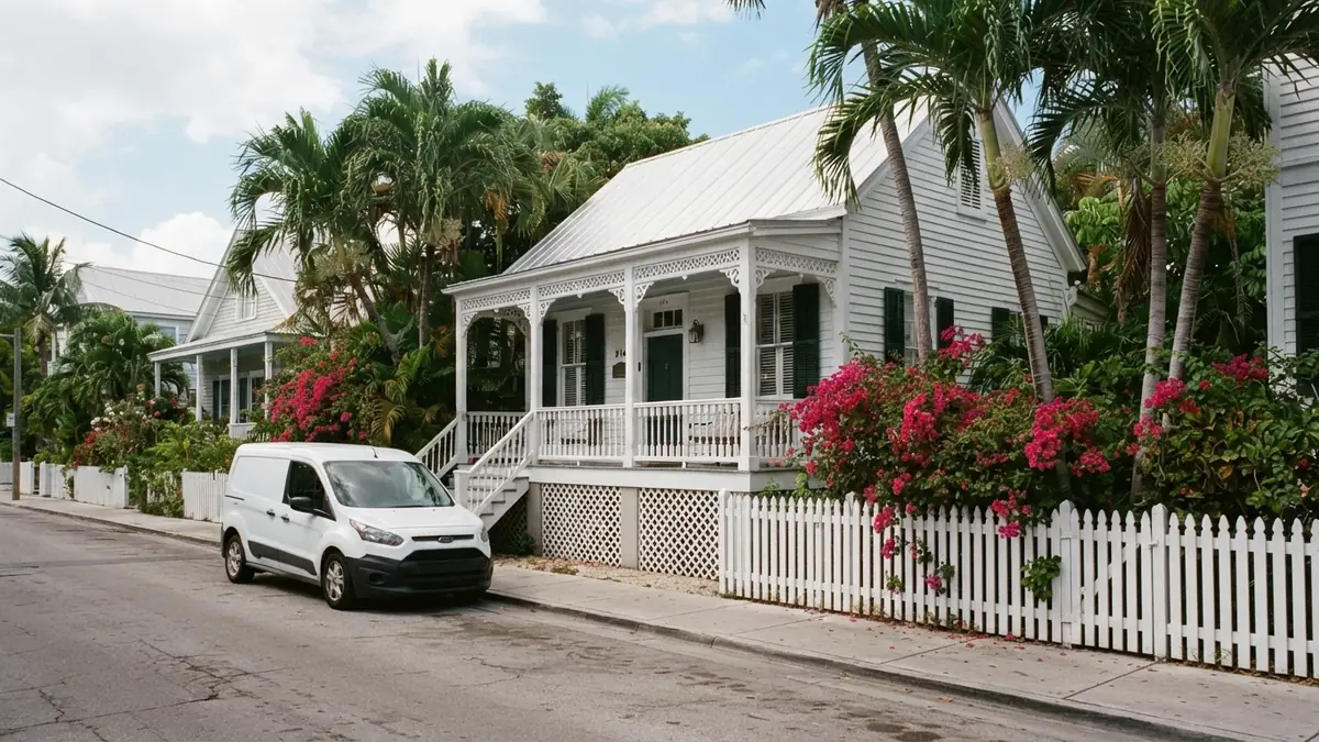 Wooden conch house with a service van outside, booked for water heater leak repair in Key West, FL
