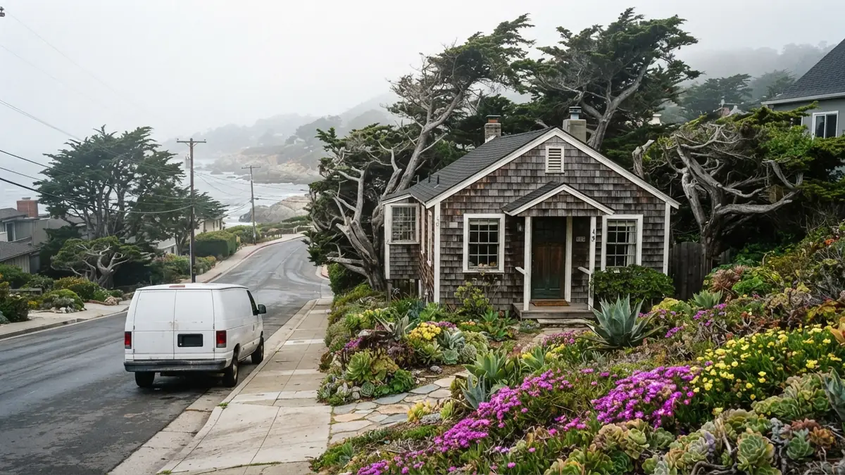 Coastal cottage with a service van outside, booked for water heater leak repair in Monterey, CA