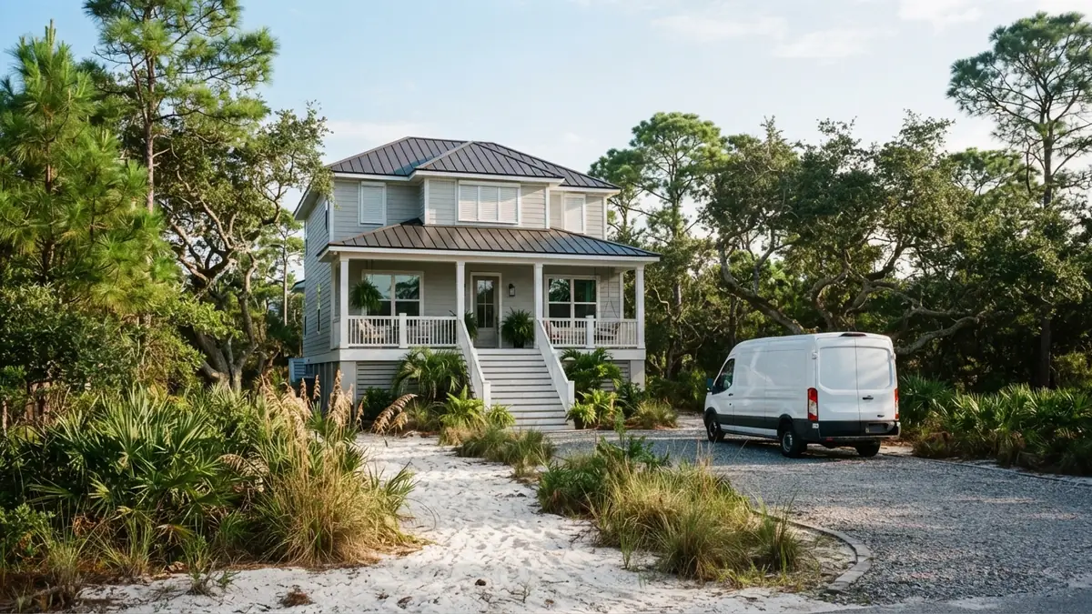 Coastal panhandle home with a service van outside, booked for water heater leak repair in Navarre, FL