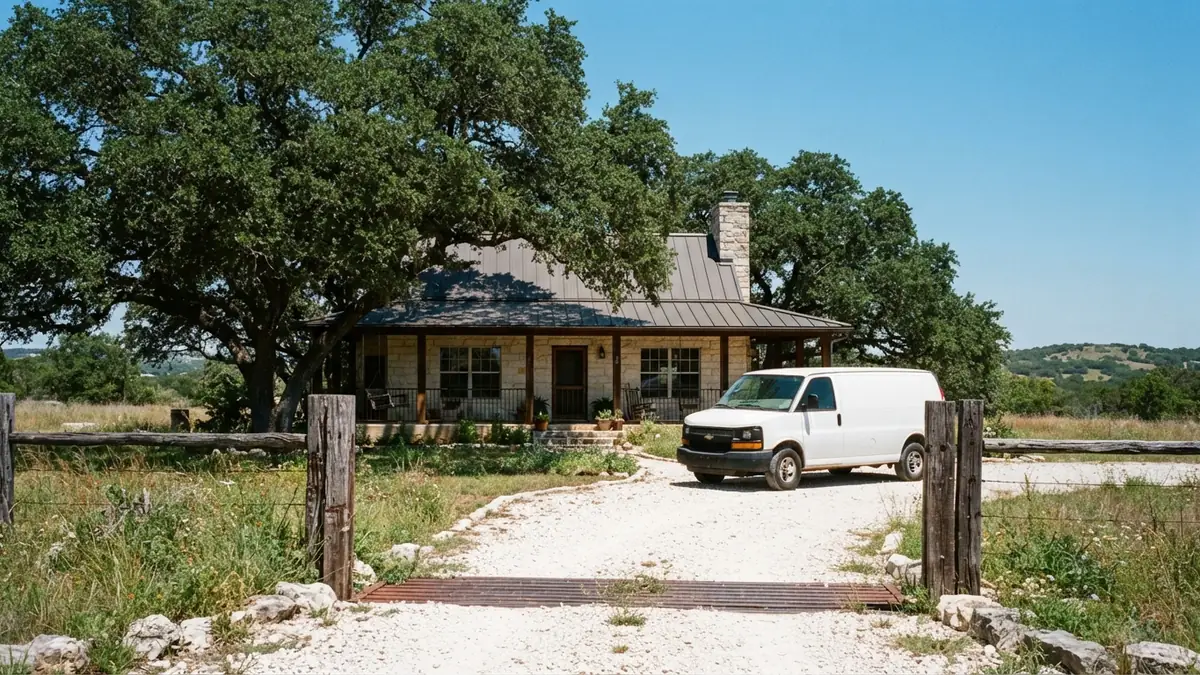 Limestone ranch home with a service van outside, booked for water heater leak repair in New Braunfels, TX