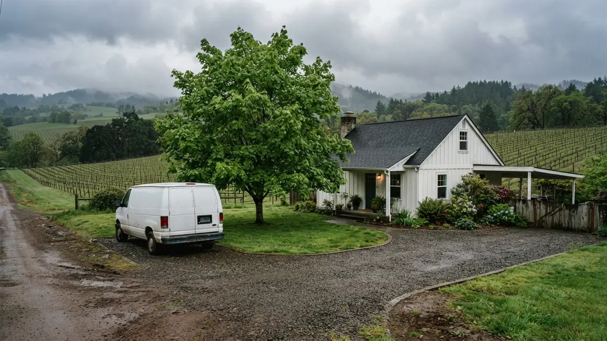 Farmhouse-style home with a service van outside, booked for water heater leak repair in Newberg, OR
