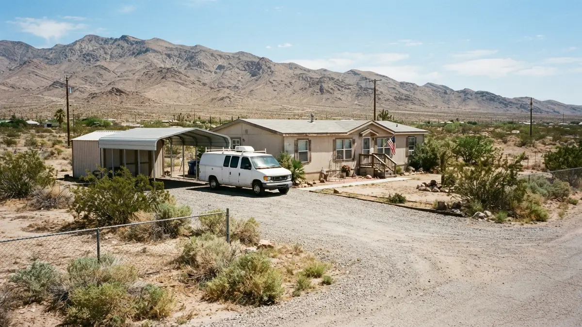 Desert ranch home with a service van outside, booked for water heater leak repair in Pahrump, NV