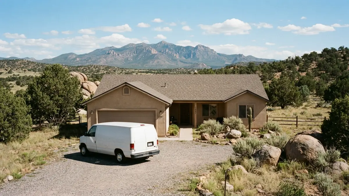High-country stucco home with a service van outside, booked for water heater leak repair in Prescott Valley, AZ