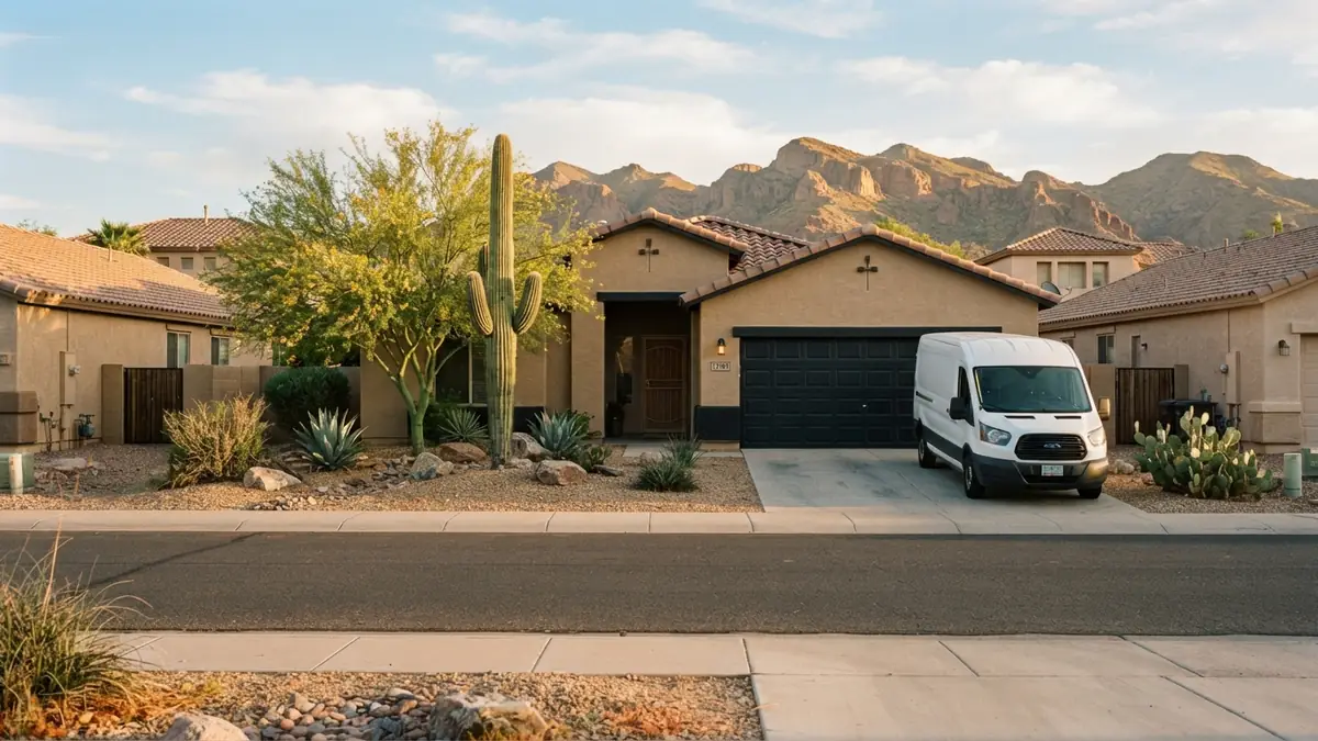 Stucco desert home with a service van outside, booked for water heater leak repair in Queen Creek, AZ