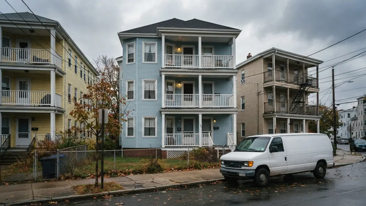 Triple-decker house with a service van outside, booked for water heater leak repair in Revere, MA