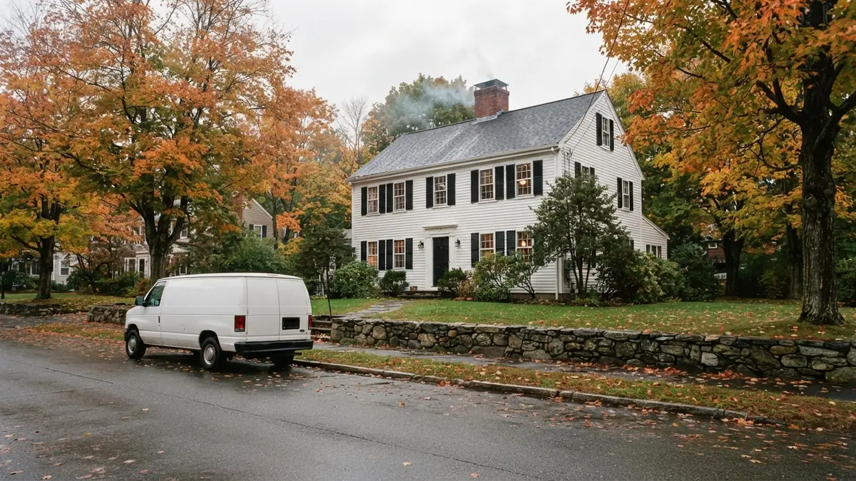 White clapboard colonial home with a service van outside, booked for water heater leak repair in Salem, MA