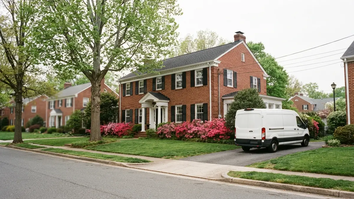 Brick colonial home with a service van outside, booked for water heater leak repair in Salisbury, MD