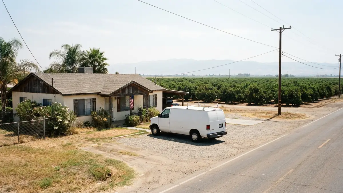 Ranch home beside the orchards with a service van outside, booked for water heater leak repair in Sanger, CA