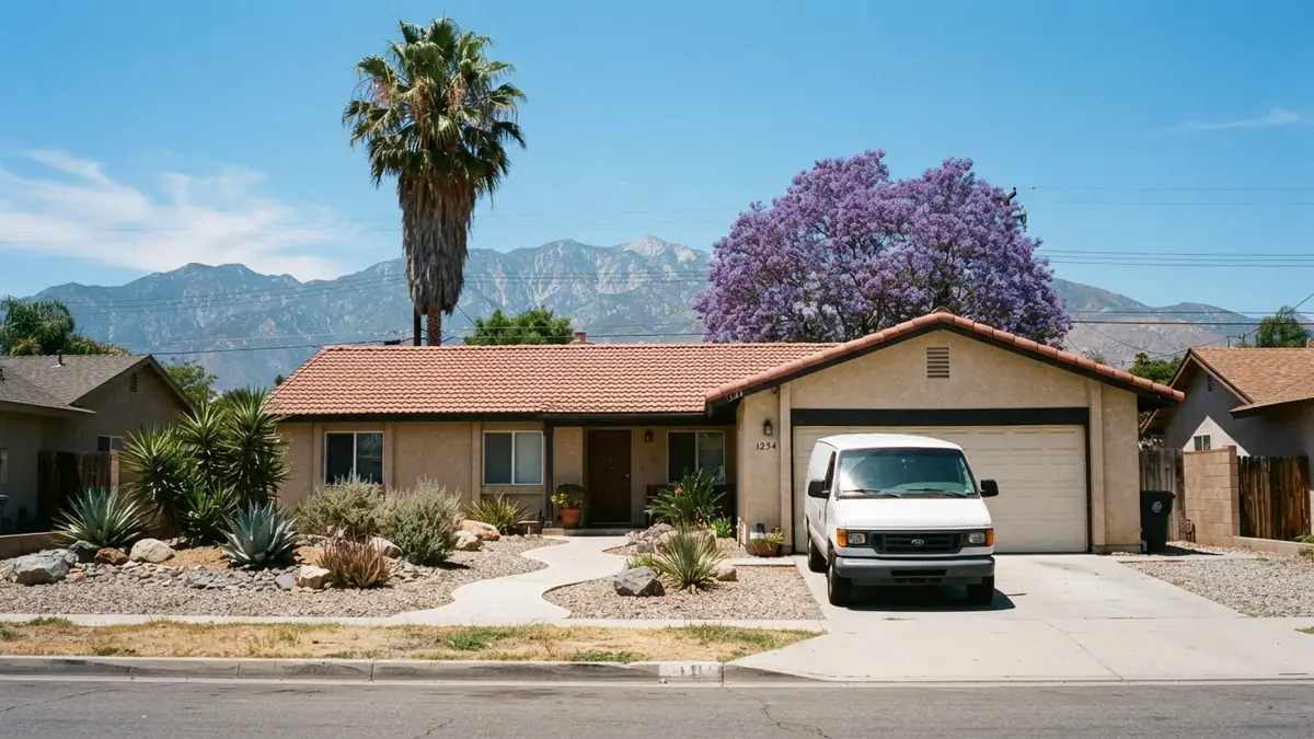 Stucco home with a tile roof with a service van outside, booked for water heater leak repair in Wildomar, CA