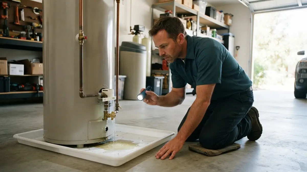 Plumber checking the drain pan under a leaking gas water heater during water heater leak repair in Maple Valley, WA