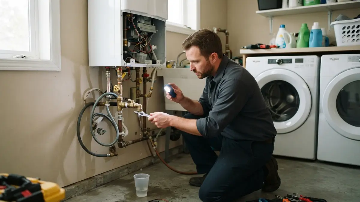 Isolation valves under a tankless unit checked during water heater leak repair near you